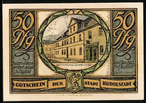 Notgeld Rudolstadt 1922, 50 Pfennig, Wohnung Schillers, tanzendes Paar