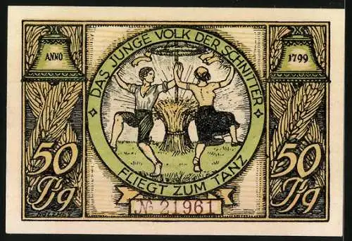 Notgeld Rudolstadt 1922, 50 Pfennig, Wohnung Schillers, tanzendes Paar