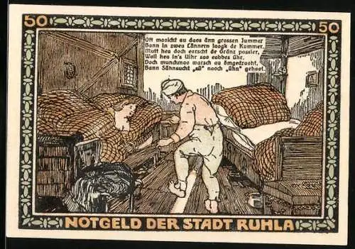 Notgeld Ruhla 1922, 50 Pfennig, Mann schleicht sich aus dem Bett