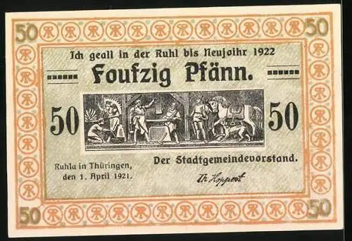 Notgeld Ruhla 1922, 50 Pfennig, Mann schleicht sich aus dem Bett