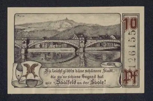 Notgeld Saalfeld a. S. 1921, 10 Pfennig, Am Saaltor, Ortspartie mit Brücke