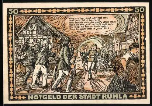 Notgeld Ruhla 1922, 50 Pfennig, Feuerwehrmänner löschen den Brand