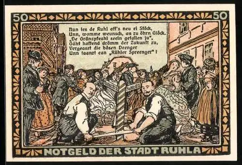 Notgeld Ruhla 1922, 50 Pfennig, Grenzpfahl wird zersägt