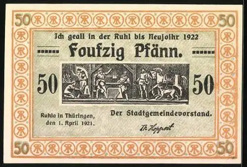 Notgeld Ruhla 1922, 50 Pfennig, Grenzpfahl wird zersägt