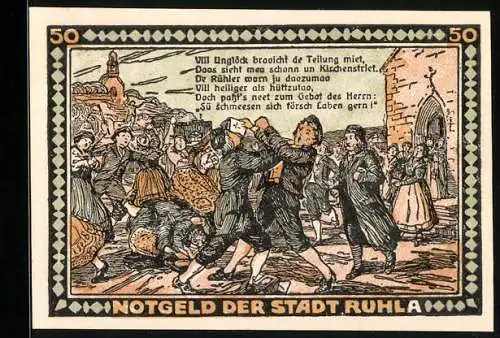 Notgeld Ruhla 1922, 50 Pfennig, Männer der Gemeinde im Streit