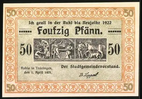 Notgeld Ruhla 1922, 50 Pfennig, Männer der Gemeinde im Streit