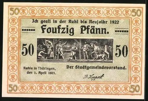 Notgeld Ruhla 1922, 50 Pfennig, Grenzpfeiler vor der Kuhherde