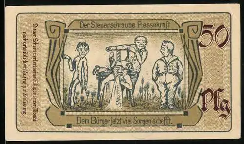 Notgeld Saalfeld 1921, 50 Pfennig, Steuerschraube, Rathaus