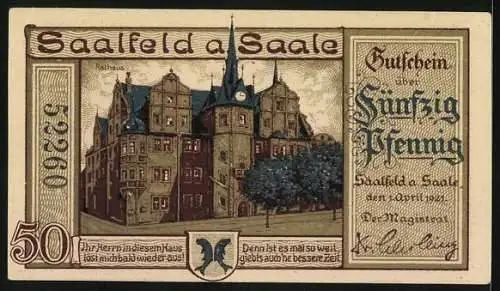 Notgeld Saalfeld 1921, 50 Pfennig, Steuerschraube, Rathaus