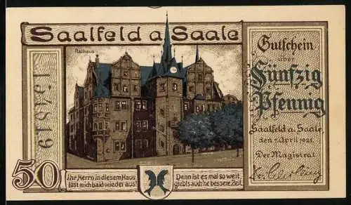 Notgeld Saalfeld 1921, 50 Pfennig, Rathaus, Steuerschraube zerdrückt den Mann