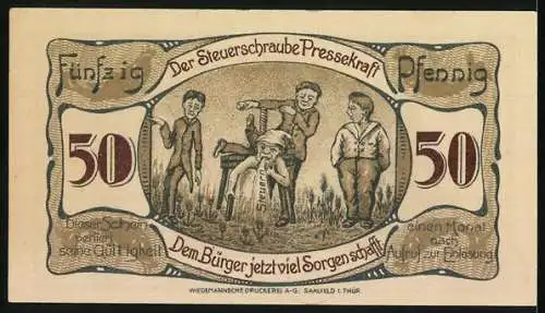 Notgeld Saalfeld 1921, 50 Pfennig, Rathaus, Steuerschraube zerdrückt den Mann