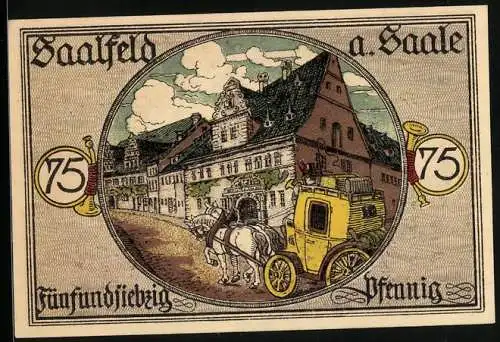 Notgeld Saalfeld 1921, 75 Pfennig, Postkutsche, Turm, Stadtwappen