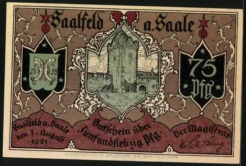 Notgeld Saalfeld 1921, 75 Pfennig, Postkutsche, Turm, Stadtwappen