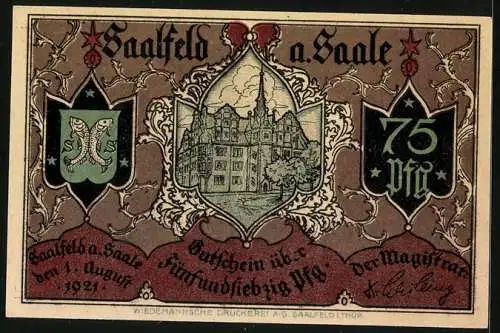 Notgeld Saalfeld 1921, 75 Pfennig, Empfang von Emigranten auf dem Markt