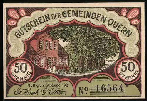 Notgeld Quern 1921, 50 Pfennig, Pastorat, Kirche mit Denkmal