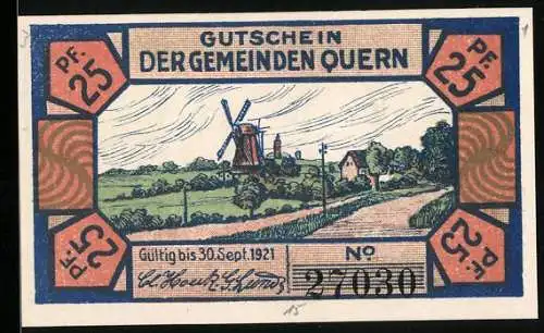 Notgeld Quern 1921, 25 Pfennig, Mühle, Deutscher Michel tritt auf schweizer Flagge