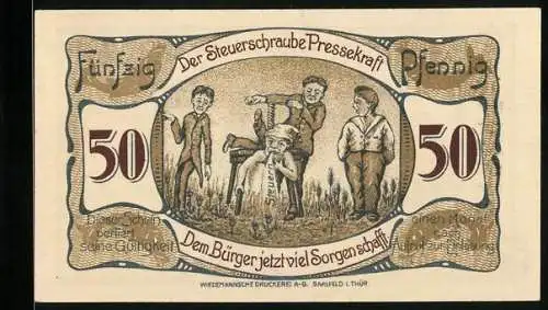 Notgeld Saalfeld a. Saale 1921, 50 Pfennig, Der Steuerschraube Presskraft, Rathaus