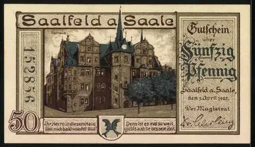 Notgeld Saalfeld a. Saale 1921, 50 Pfennig, Der Steuerschraube Presskraft, Rathaus