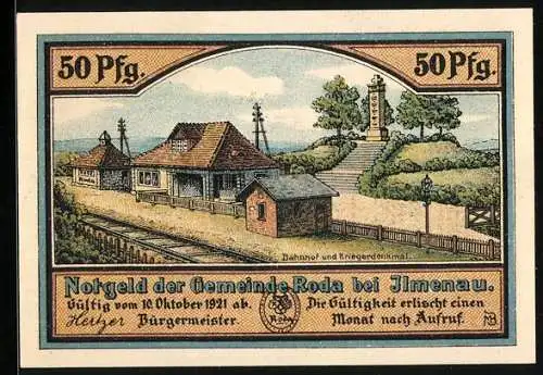 Notgeld Roda bei Ilmenau 1921, 50 Pfennig, Bahnhof, Kriegerdenkmal und Kirche