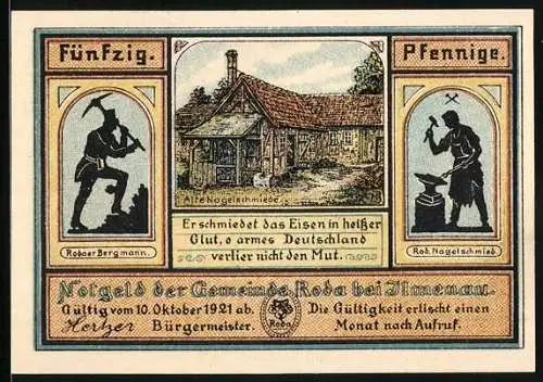 Notgeld Roda bei Ilmenau 1921, 50 Pfennig, Karl August und Goethe, Alte Nagelschmiede