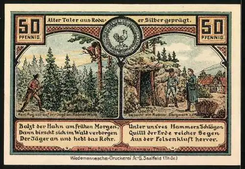 Notgeld Roda bei Ilmenau 1921, 50 Pfennig, Karl August und Goethe, Alte Nagelschmiede