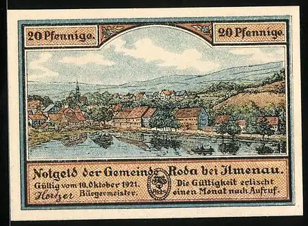Notgeld Roda bei Ilmenau 1921, 20 Pfennig, Ortsansicht und dicke Eiche vor und nach dem Fall