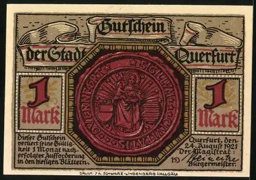 Notgeld Querfurt 1921, 1 Mark, Historische Stadtansicht