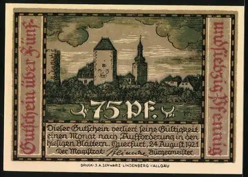 Notgeld Querfurt 1921, 75 Pfennig, Burg und Kirchturm