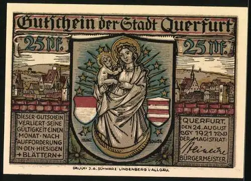 Notgeld Querfurt 1921, 25 Pfennig, Rathaus und Madonna