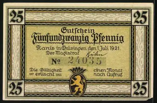 Notgeld Ranis i. Thür. 1921, 25 Pfennig, Burg Ranis und Wappen