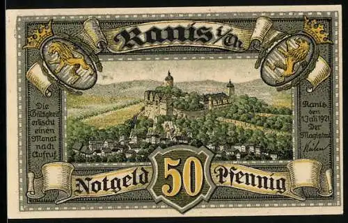 Notgeld Ranis i. Thür. 1921, 50 Pfennig, Burg Ranis und Wappen