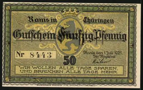 Notgeld Ranis i. Thür. 1921, 50 Pfennig, Burg Ranis und Wappen