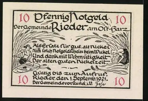 Notgeld Rieder /Ostharz 1921, 10 Pfennig, Partie am Rathaus