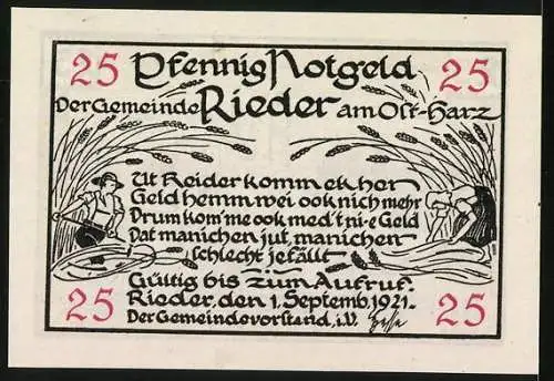 Notgeld Rieder /Ostharz 1921, 25 Pfennig, Die Roseburg