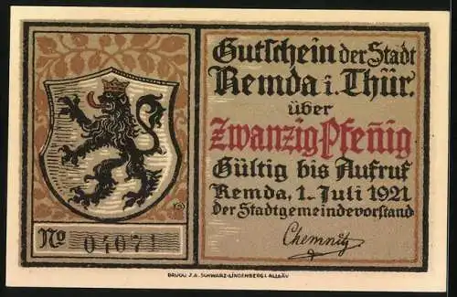 Notgeld Remda i. Thür. 1921, 20 Pfennig, Rathaus und Wappen