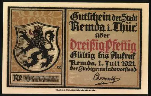 Notgeld Remda i. Thür. 1921, 30 Pfennig, Das alte Remda, Wappen