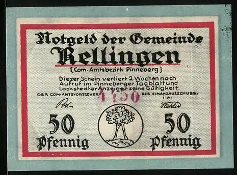 Notgeld Rellingen, 50 Pfennig, Ortspartie mit Kirche