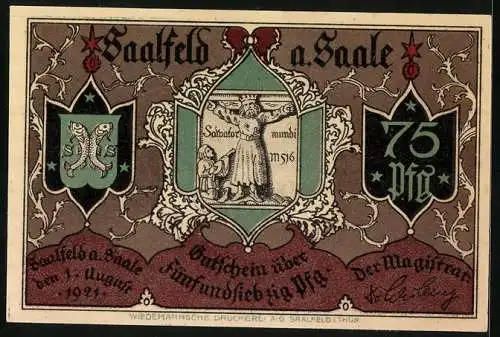 Notgeld Saalfeld a. Saale 1921, 75 Pfennig, Bettelmönch vor der Andreaskirche