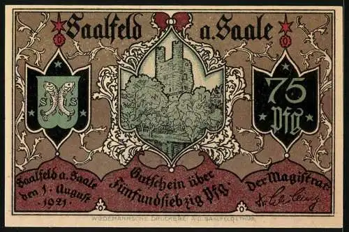 Notgeld Saalfeld a. Saale 1921, 75 Pfennig, Sturm auf das Benediktinerkloster