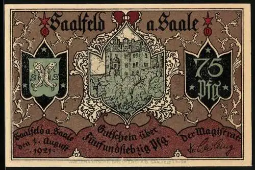 Notgeld Saalfeld a. Saale 1921, 75 Pfennig, Handelsverkehr über die alte Saalbrücke