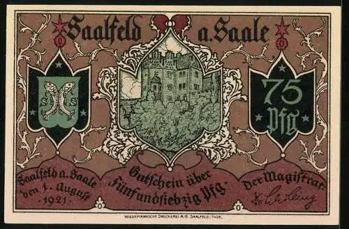 Notgeld Saalfeld a. Saale 1921, 75 Pfennig, Handelsverkehr über die alte Saalbrücke