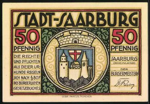 Notgeld Saarburg, 50 Pfennig, Turm und Glocke, Wappen