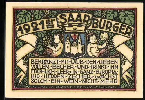 Notgeld Saarburg 1921, 50 Pfennig, Wappen und Satyre mit Weingläsern