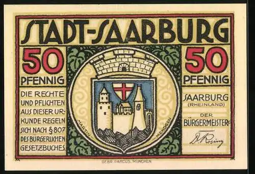 Notgeld Saarburg 1921, 50 Pfennig, Wappen und Satyre mit Weingläsern