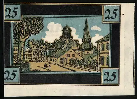 Notgeld Rellingen, 25 Pfennig, Stadtpartie mit Kirchturm