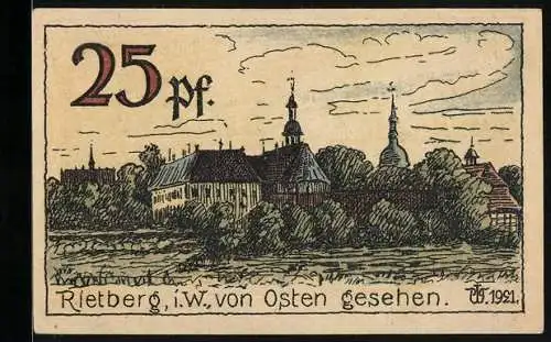 Notgeld Rietberg i. W. 1921, 25 Pfennig, Ortsansicht von Osten