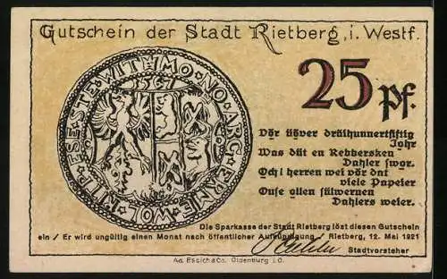 Notgeld Rietberg i. W. 1921, 25 Pfennig, Ortsansicht von Osten