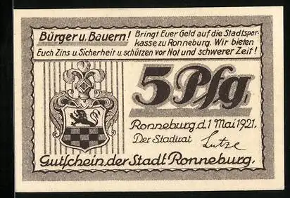 Notgeld Ronneburg i. Thüringen 1921, 5 Pfennig, Bismarcksäule auf dem Reusterberg