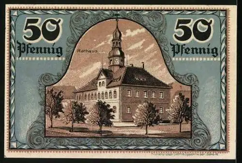 Notgeld Ronneburg i. Thüringen 1921, 50 Pfennig, Rathaus und Wappen