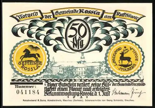 Notgeld Rossla am Kyffhäuser 1921, 50 Pfennig, Geh hin vors Schloss und sieh, ob die Raben herfliegen